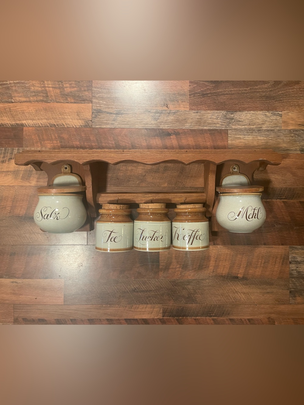 Wooden Scalloped Wall Shelf with 5 Schramberg German Ceramic Jars